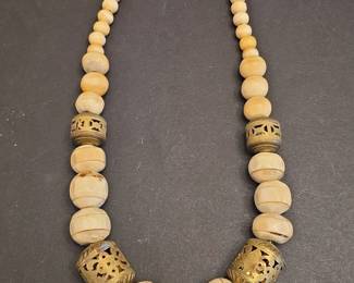Antique Carved Bone and Brass Bead Necklace