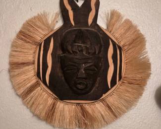 African Tribal Mask with Raffia Fringe