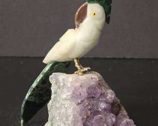 Carved White Jade Parrot Figurine on Amethyst Geode Base