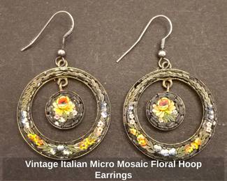 Vintage Italian Micro Mosaic Floral Hoop Earrings