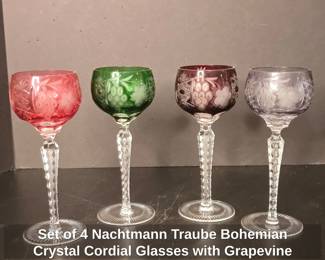 Set of Nachtmann Traube Bohemian Crystal Cordial Glasses with Grapevine Etching
