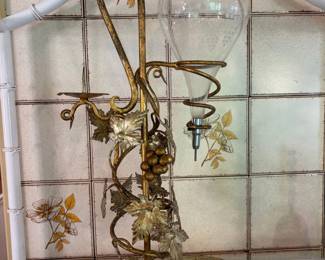 Victorian Gilded Metal and Crystal Decanter Stand with Candle Holder and Grape Motif