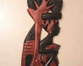 African Woman with Bundle on Head Carved Wood Wall Art
