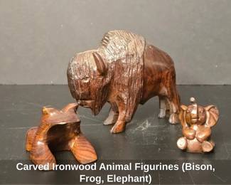 Carved Ironwood Animal Figurines Bison, Frog, Elephant
