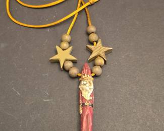 HandCarved Wooden Pencil Santa Claus Necklace with Star Beads