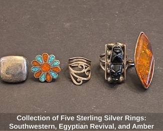 Collection of Five Sterling Silver Rings Southwestern, Egyptian Revival, and Amber Styles