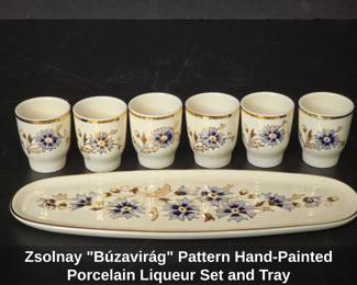 Zsolnay Bzavirg Pattern HandPainted Porcelain Liqueur Set and Tray