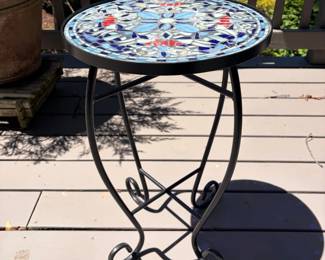 Blue Floral Mosaic Top Accent Table with Scrolled Black Metal Base