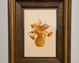 Vintage Straw Art Framed Picture  Jug with Flowers
