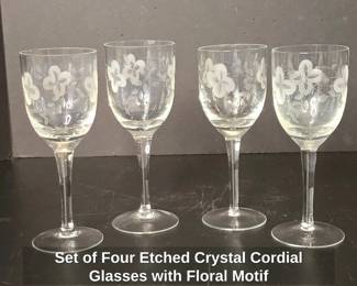 Set of Four Etched Crystal Cordial Glasses with Floral Motif