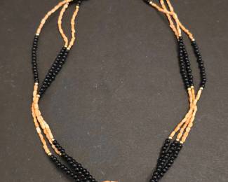 MultiStrand Coral and Onyx Necklace with Golden Clasp