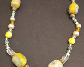 Handmade Beaded Necklace with Lampwork Glass Beads and Faux Pearls