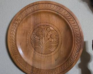 Vintage HandCarved Wood Plate with Floral Motif