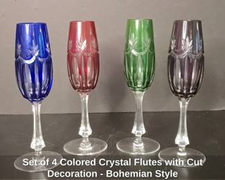 Set of Colored Crystal Flutes with Cut Decoration  Bohemian Style