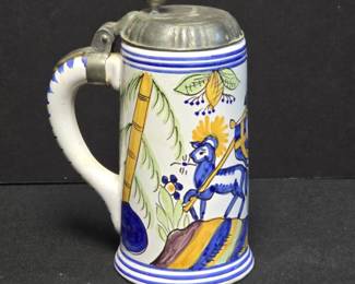 German Faience Beer Stein with Pewter Lid