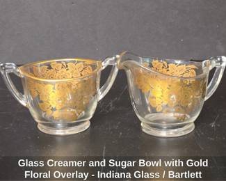 Glass Creamer and Sugar Bowl with Gold Floral Overlay  Indiana Glass or Bartlett Collins