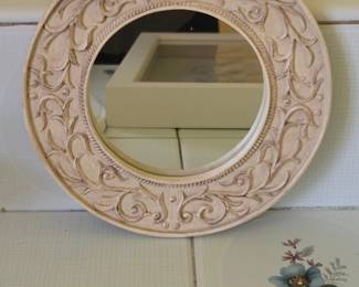 Ornate Carved Round Wall Mirror  Distressed Cream Finish