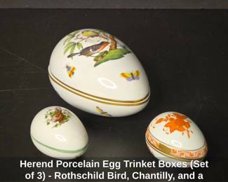 Herend Porcelain Egg Trinket Boxes Set of   Rothschild Bird, Chantilly, and a third pattern