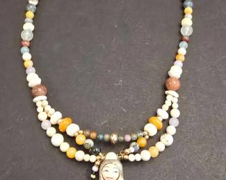 Vintage Figural Carved Pendant Necklace with Mixed Gemstone Beads