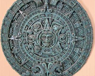 Aztec Sun Stone Replica Wall Plaque with Malachite Inlay