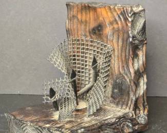 Brutalist Wood and Metal Bookends