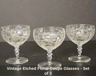 Vintage Etched Floral Coupe Glasses  Set of