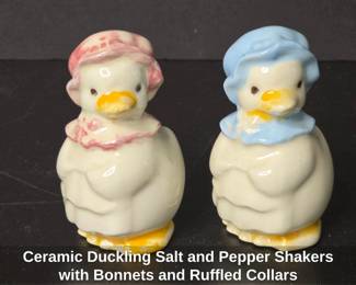 Ceramic Duckling Salt and Pepper Shakers with Bonnets and Ruffled Collars