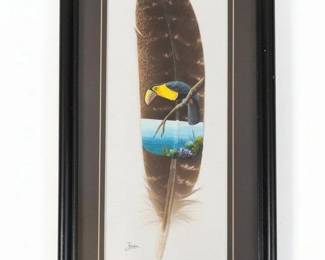 HandPainted Feather Art  Toucan and Tropical Scene by Jaris