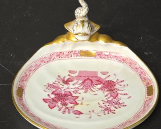 Herend Porcelain HandPainted Trinket Dish with Fish Finial  Chinese Bouquet Raspberry Pattern