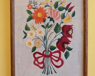 Vintage Embroidered Floral Bouquet Framed Art