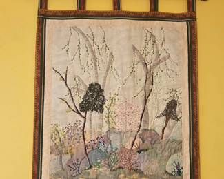 Antique Chinese Silk Embroidered Panel Landscape with Willow Trees