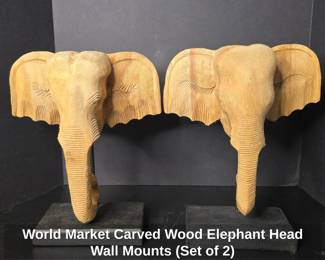 World Market Carved Wood Elephant Head Wall Mounts Set of 