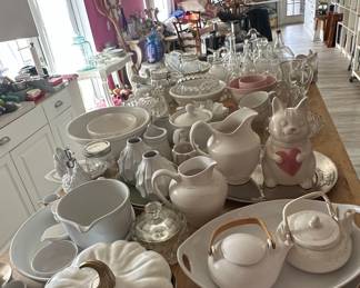 Assorted White Ceramic Kitchenware and Decorative Items, including Pumpkin-shaped Dish and Cat Figurine