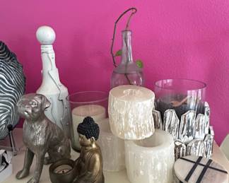 Buddha Figurine, Silver Dog Figurine, Selenite Candle Holders, and Coasters