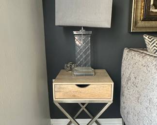 Crystal Prism Table Lamp with Wood and Metal Side Table
