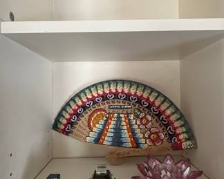 Hand-Painted Wooden Fan with Mayan Pyramid Design