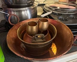Vintage Copper Pot with Brass Goblets and Punch Bowl Set