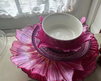 Akcam Turkish Opalescent Pink Glass Flower Bowl with White Ceramic Insert