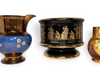 Decorative Handmade Greek Bowl w 24k Gold Detailing, Luster Ware Pitcher,  More