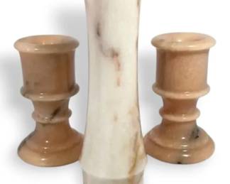 Pink Alabaster Candlestick Holders And Vase