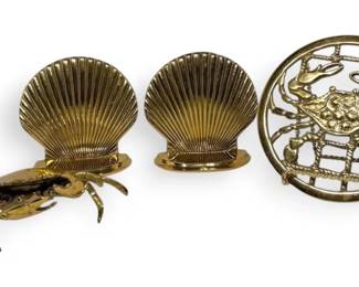 Vintage Brass Crab Ashtray Trinket Box, Shell Bookends,  Trivet