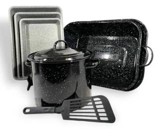 Black And White Enamelware Roaster, Pots  Pans
