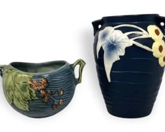 Roseville Pottery Bushberry Planter Bowl  Blue Luffa DoubleHandled Vase