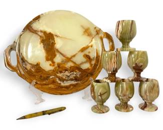 Green Onyx Marble Platter  Goblet Set with Pen