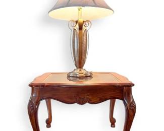 Wood Side Table With Glass Top And Lamp