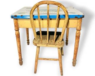Vintage Enamel Top  Wood Childs Table