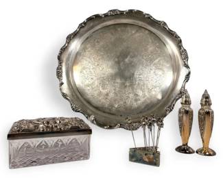 Silver Plated Platter, La France Salt  Pepper Shaker, Antique Glass Box With Lid  More