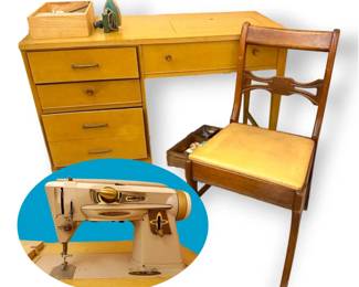 Wooden Sewing Table and Chair With Singer Sewing Machine