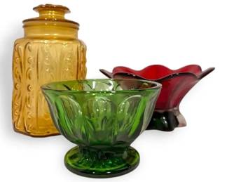 Vintage Amber Scroll Jar, Red  Green Glass Bowls
