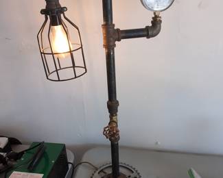 Steampunk Industrial Pipe Lamp with Pressure Gauge and Sprocket Base